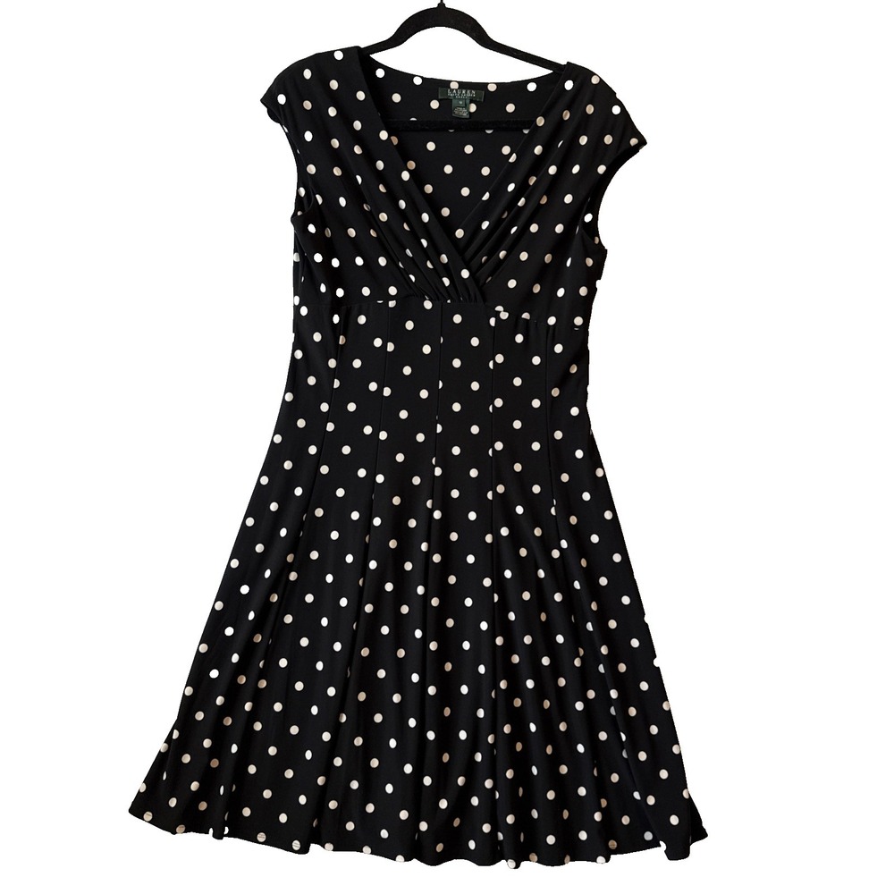 Lauren Ralph Lauren Polka Dot Dress 10 Fit & Flare Stretch Retro Coquette Empire